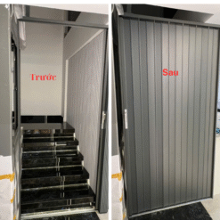 Hình ảnh thực tế thi công cửa xếp nhôm ngăn cầu thang lá đặc