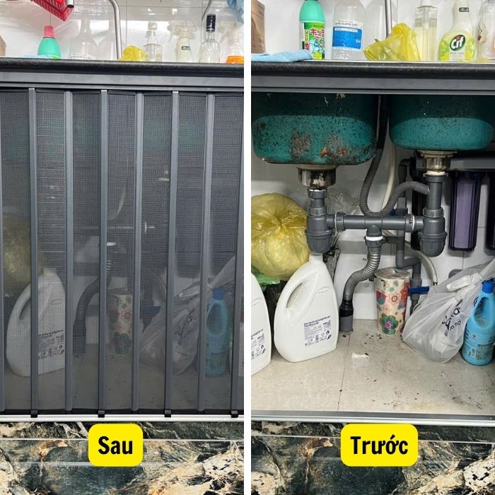 Trước và sau khi lắp đặt cửa xếp lá nhôm chống chuột tủ bếp